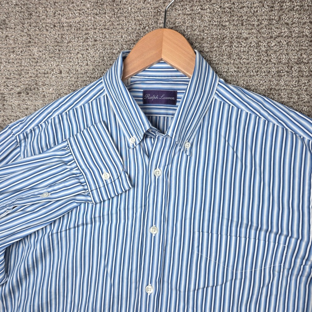Ralph Lauren Purple Label Mens Large Blue White Striped Cotton Button Down Shirt